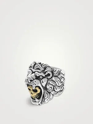 Silver Lion And Skull Ring