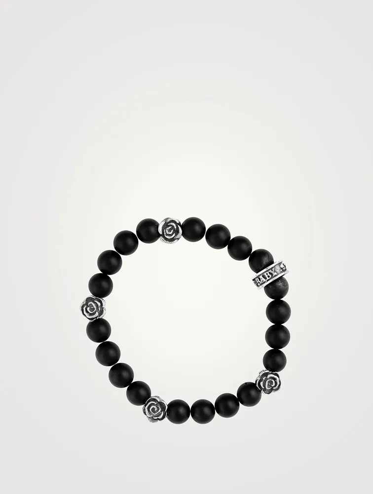 Rose And Black Onyx Beaded Bracelet