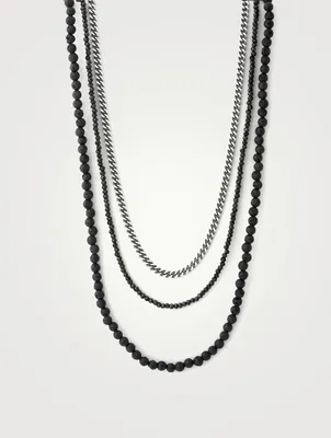 Lava Rock, Spinel And Curblink Chain Triple Strand Necklace