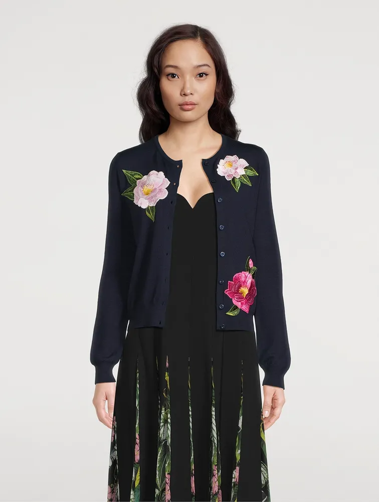 Camellia Embroidered Wool Cardigan