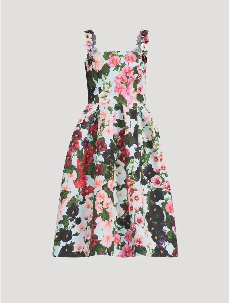 Faille Appliqué Dress Hollyhocks Print