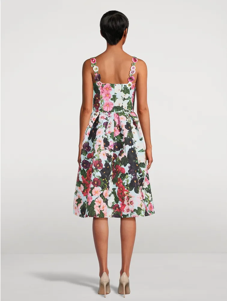 Faille Appliqué Dress Hollyhocks Print