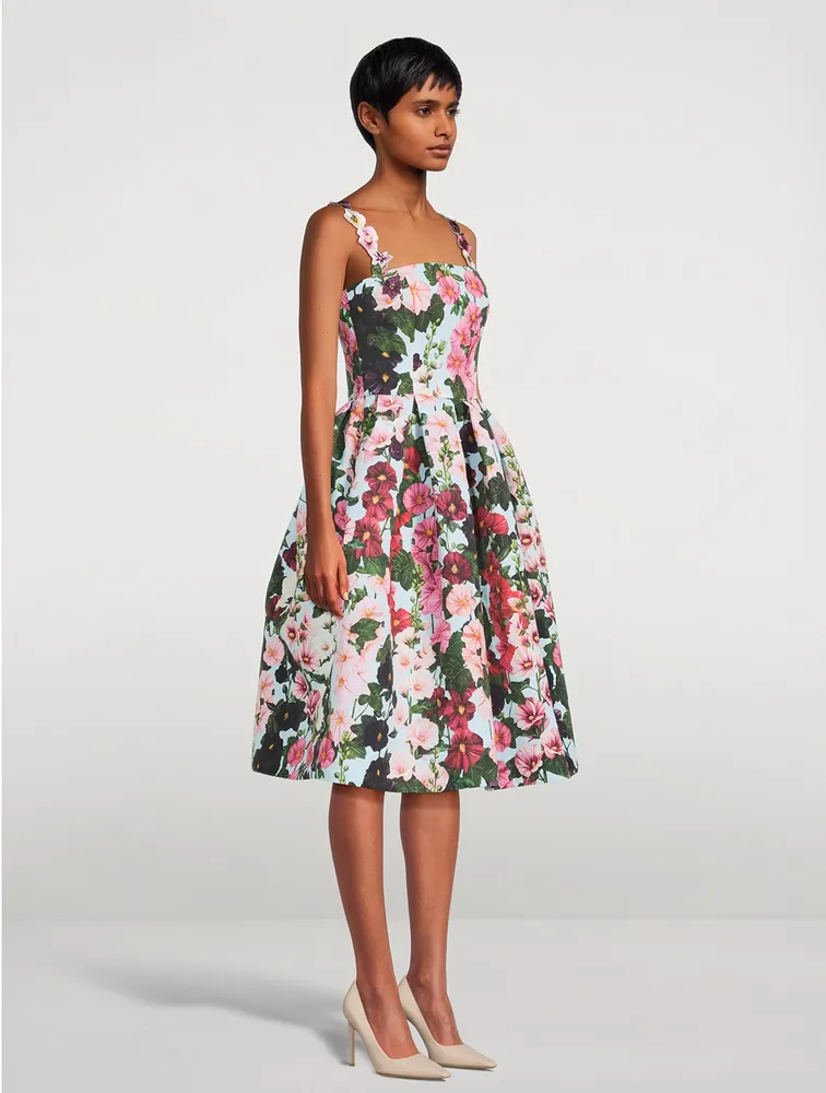 Faille Appliqué Dress Hollyhocks Print