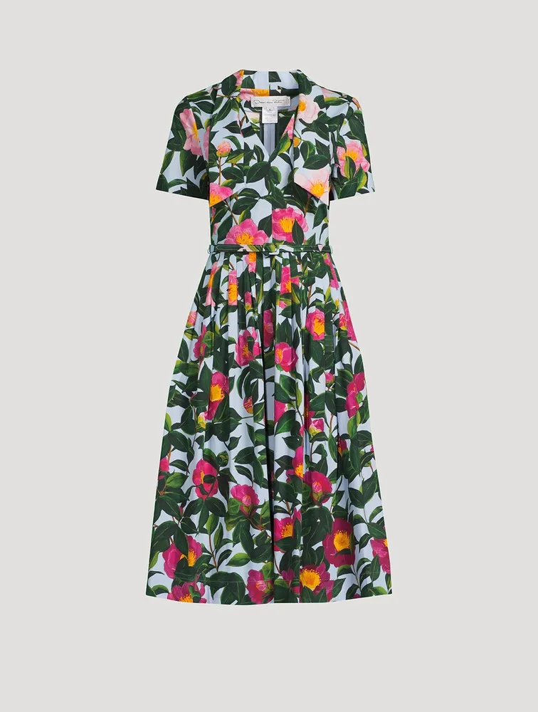 Tie-Neck Belted Midi Dress Camellia Print