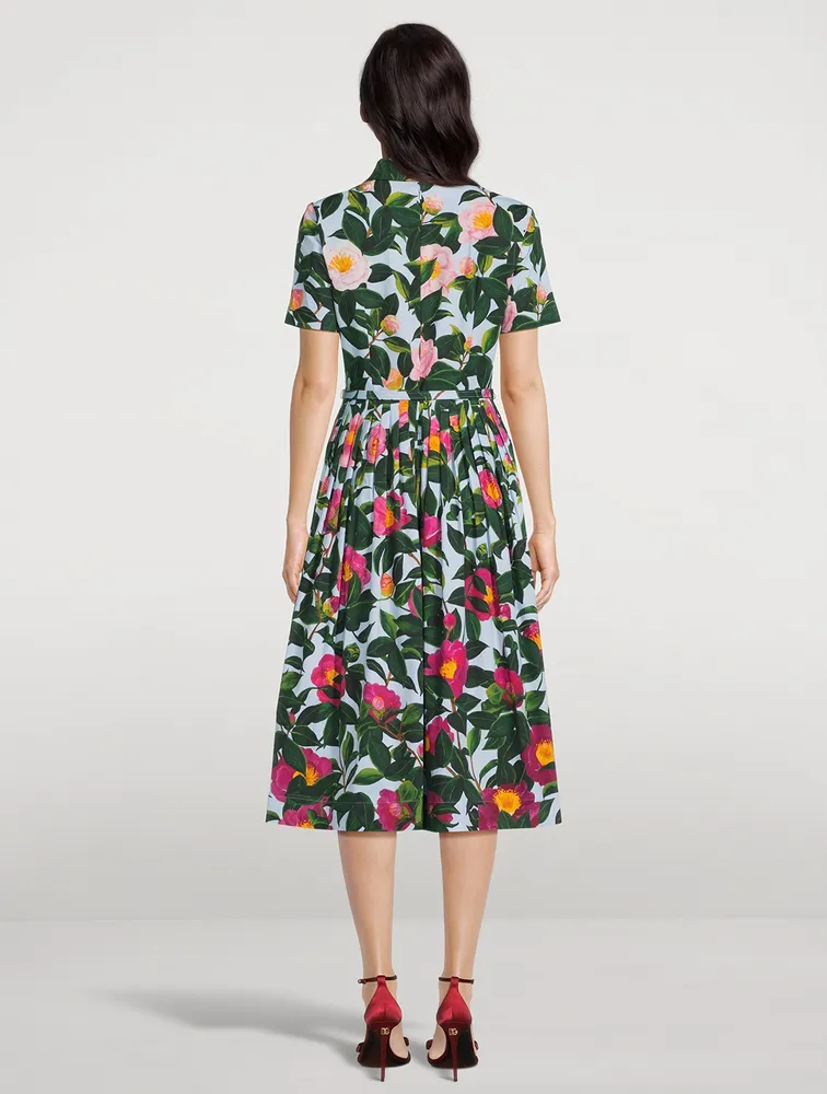 Tie-Neck Belted Midi Dress Camellia Print