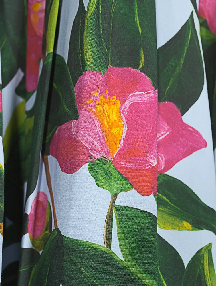 Tie-Neck Belted Midi Dress Camellia Print