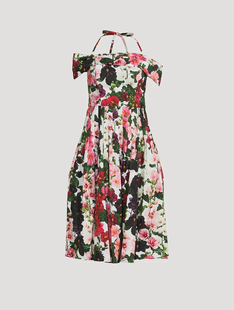 Off-The-Shoulder Midi Dress Hollyhocks Print