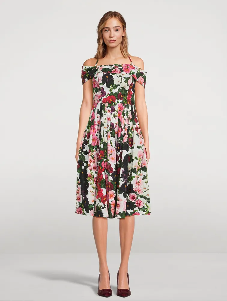 Off-The-Shoulder Midi Dress Hollyhocks Print