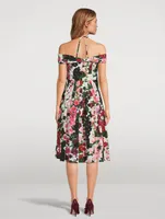 Off-The-Shoulder Midi Dress Hollyhocks Print