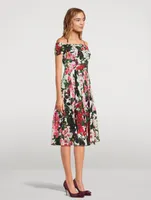 Off-The-Shoulder Midi Dress Hollyhocks Print