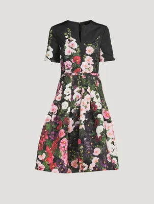 Belted Faille Midi Dress Hollyhocks Print