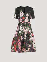 Belted Faille Midi Dress Hollyhocks Print