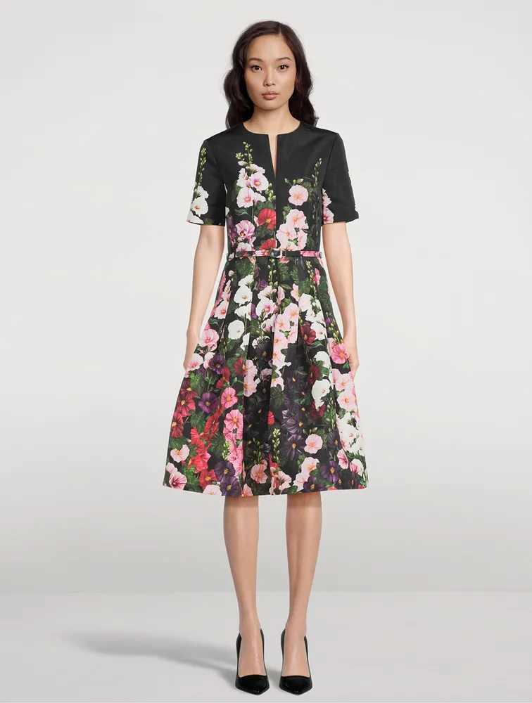 Belted Faille Midi Dress Hollyhocks Print