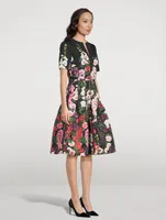 Belted Faille Midi Dress Hollyhocks Print