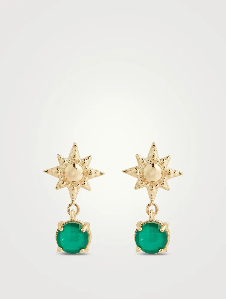 Aztec 14K Gold Solid Luna Green Onyx Drop Earrings With Green Onyx