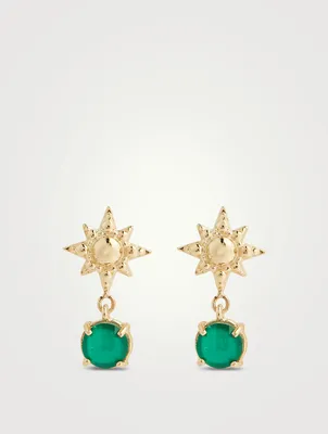 Aztec 14K Gold Solid Luna Green Onyx Drop Earrings With Green Onyx
