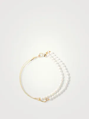 14K Gold Double Box Chain Pearl Bracelet
