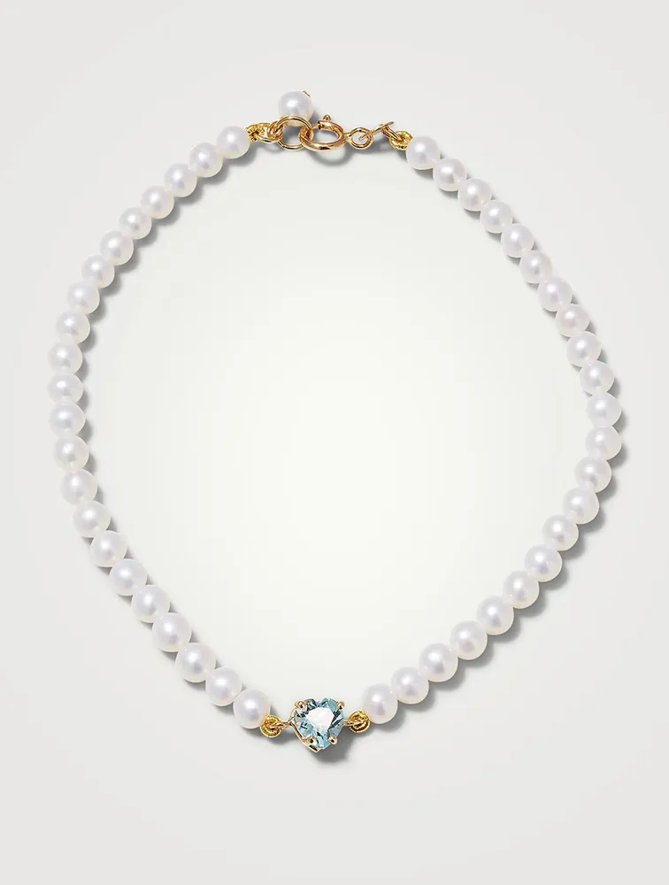 14K Gold Blue Topaz Heart Pearl Bracelet