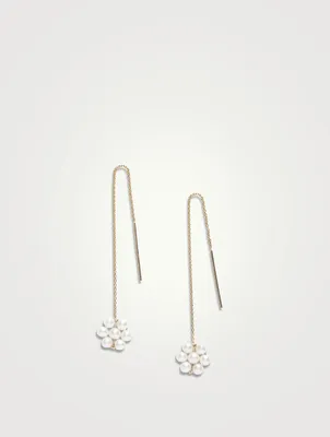 14K Gold Pearl Flower Threader Earrings