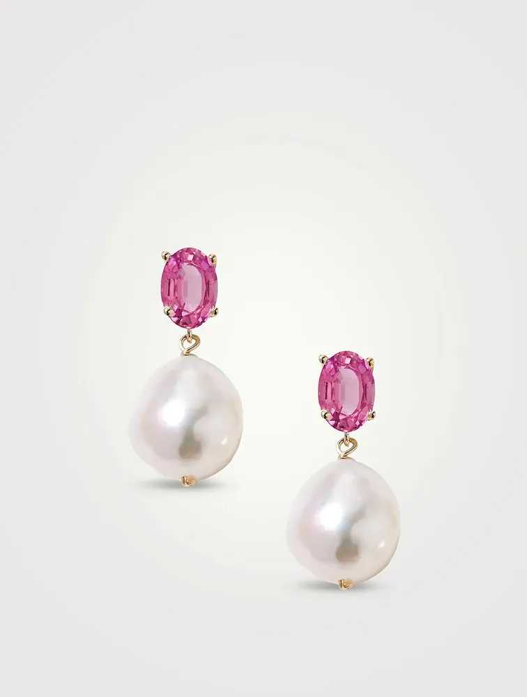 14K Gold Pink Topaz Pearl Earrings