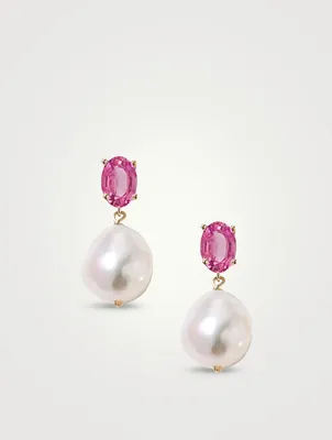 14K Gold Pink Topaz Pearl Earrings