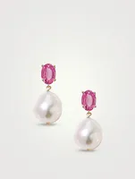 14K Gold Pink Topaz Pearl Earrings