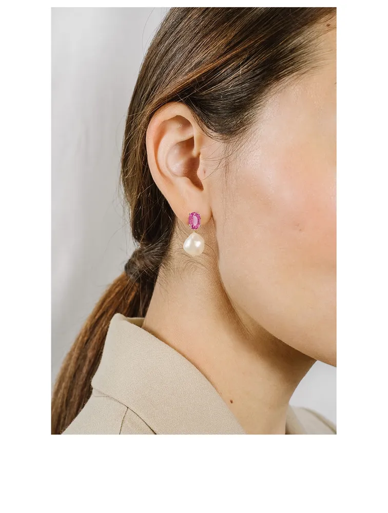 14K Gold Pink Topaz Pearl Earrings