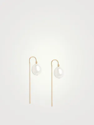 14K Gold Oval Pearl Threader Earrings