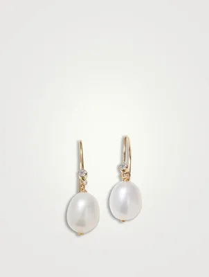 14K Gold Large Oval Pearl Earrings With Diamonds