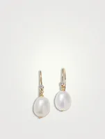 14K Gold Large Oval Pearl Earrings With Diamonds