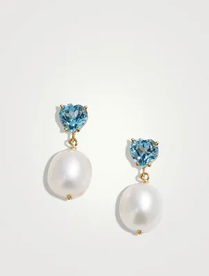 14K Gold Blue Topaz Heart Pearl Earrings