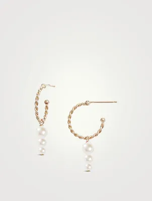 14K Gold Triple Pearl Twisted Hoop Earrings