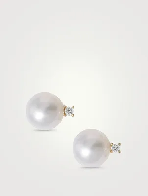 14K Gold Pearl Stud Earrings With Diamonds