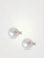 14K Gold Pearl Stud Earrings With Diamonds