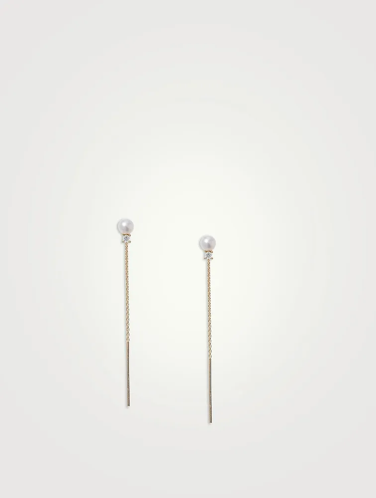 14K Gold Petite Pearl Threader Earrings With Diamonds
