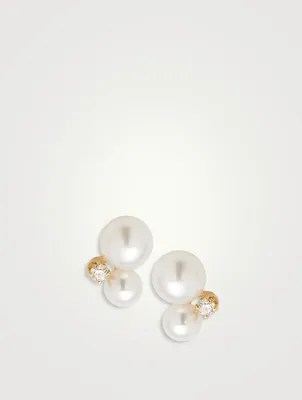 14K Gold Double Pearl Stud Earrings With Diamonds