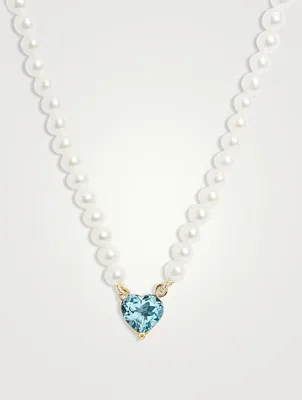 14K Gold Blue Topaz Heart Pearl Necklace