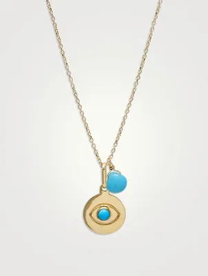14K Gold Evil Eye Disk Necklace With Turquoise