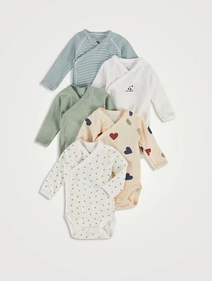 Pack of Five Long-Sleeve Wrapover Bodysuits