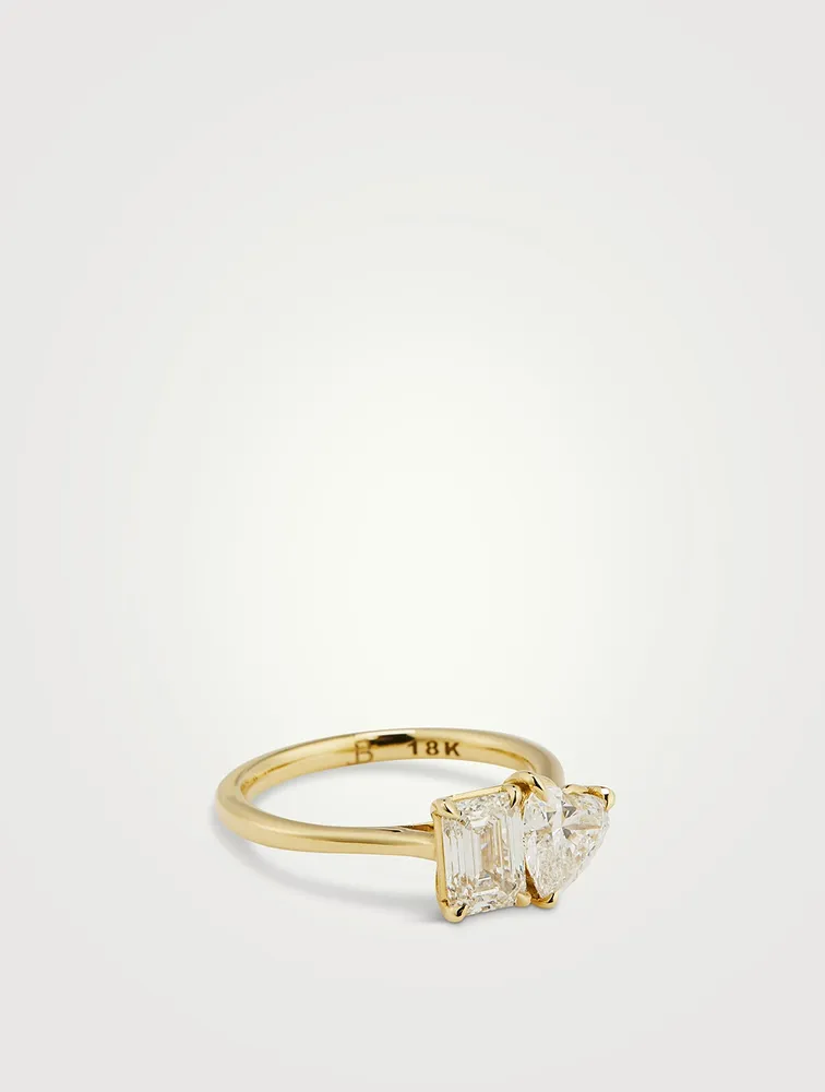 Moi-et-Toi 18K Gold Heart Emerald Diamond Ring