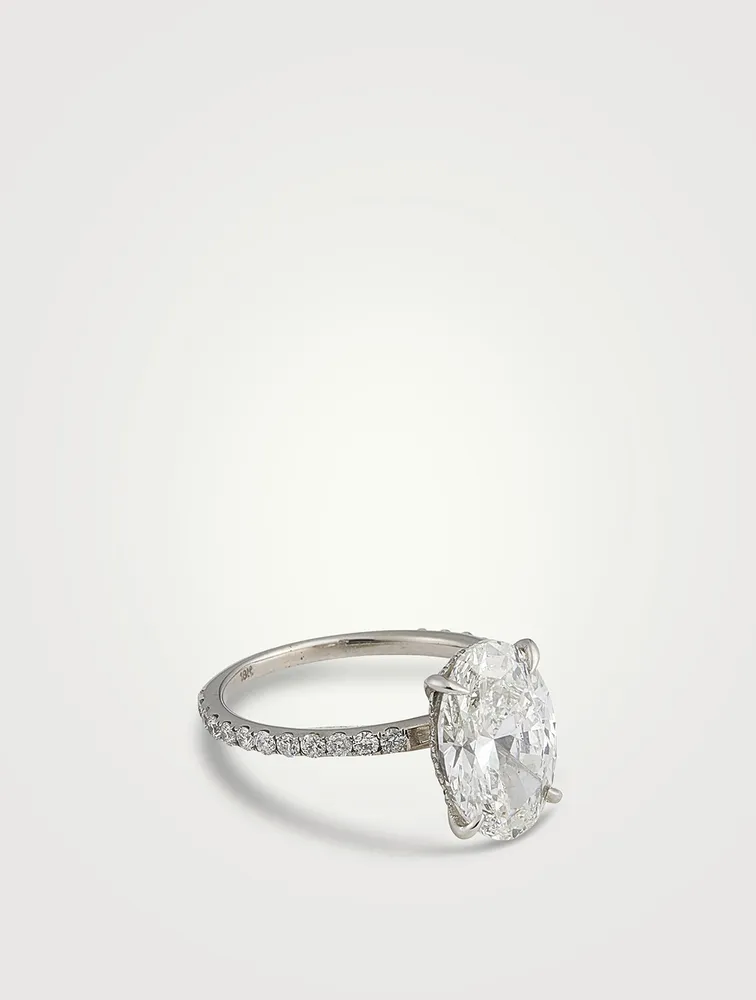 Signature 18K White Gold Oval Solitaire Ring With Diamonds