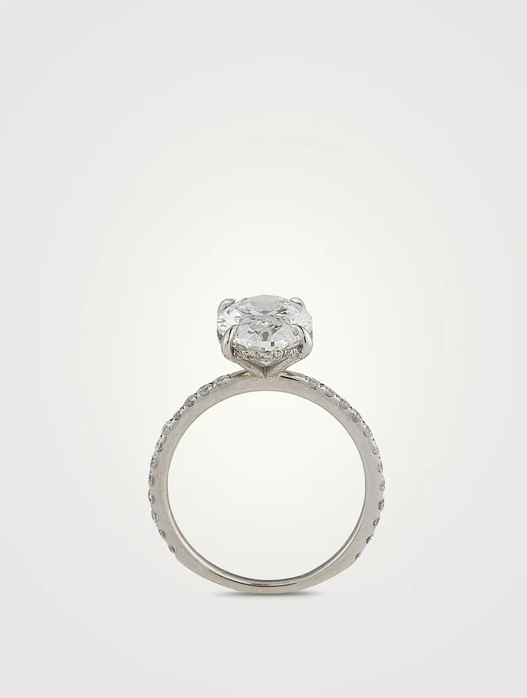 Signature 18K White Gold Oval Solitaire Ring With Diamonds