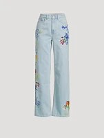 Sumire Kenzo Drawn Flowers Embroidered Wide-Leg Jeans