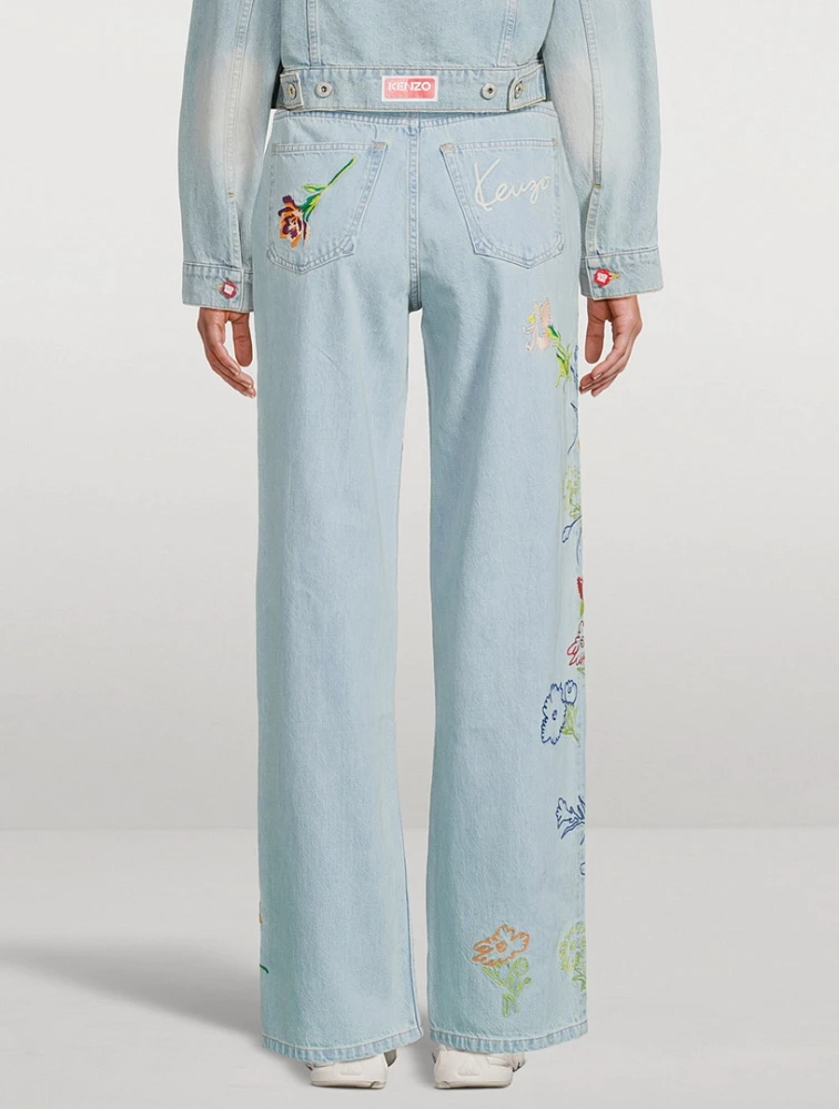 Sumire Kenzo Drawn Flowers Embroidered Wide-Leg Jeans