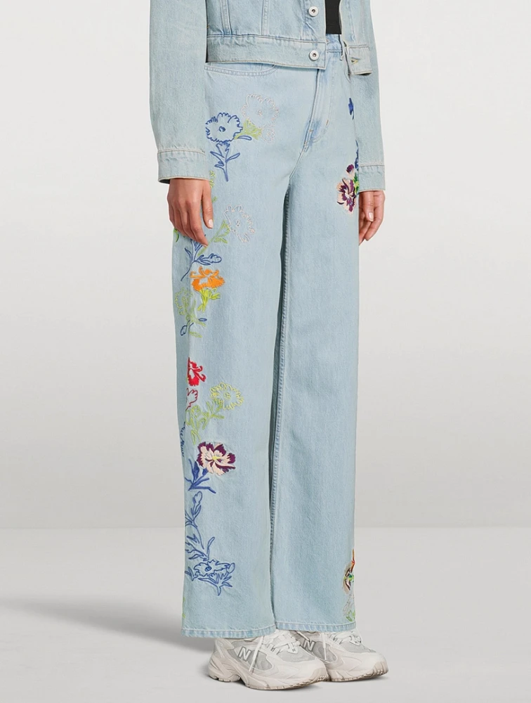 Sumire Kenzo Drawn Flowers Embroidered Wide-Leg Jeans