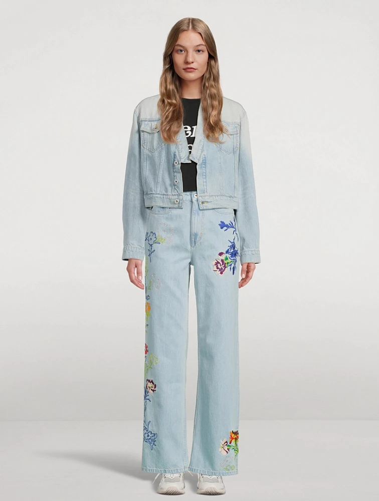 Sumire Kenzo Drawn Flowers Embroidered Wide-Leg Jeans