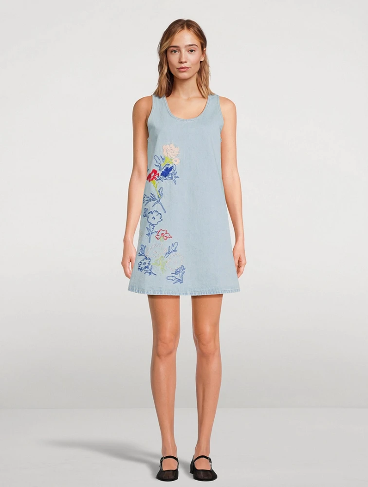 Kenzo Drawn Flowers Embroidered Denim Shift Dress