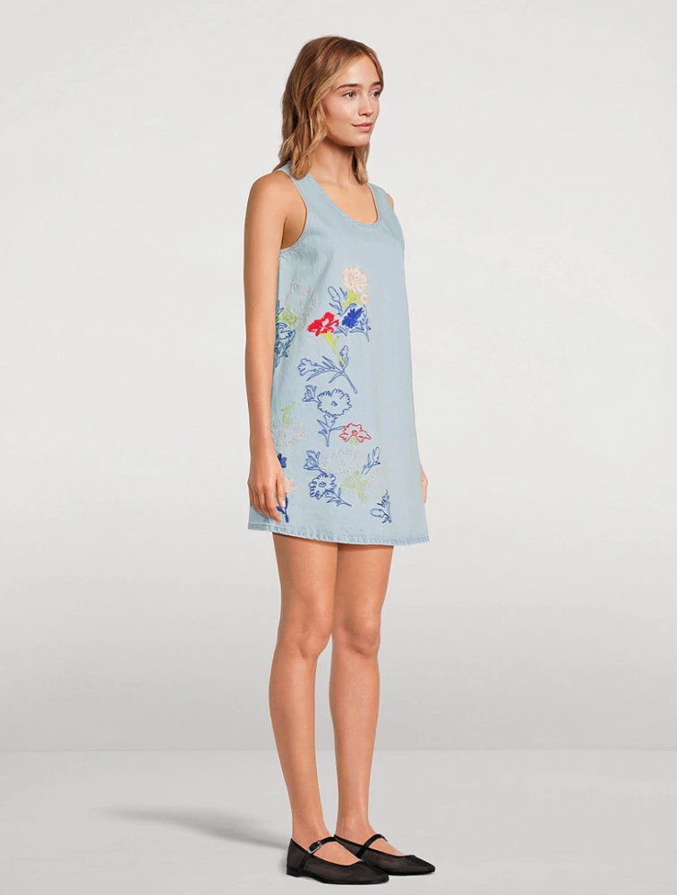 Kenzo Drawn Flowers Embroidered Denim Shift Dress