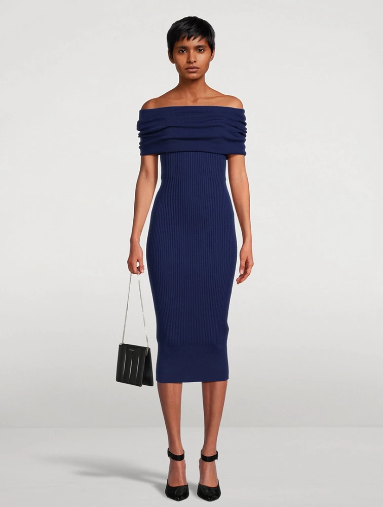 Off-The-Shoulder Rib-Knit Midi Dress