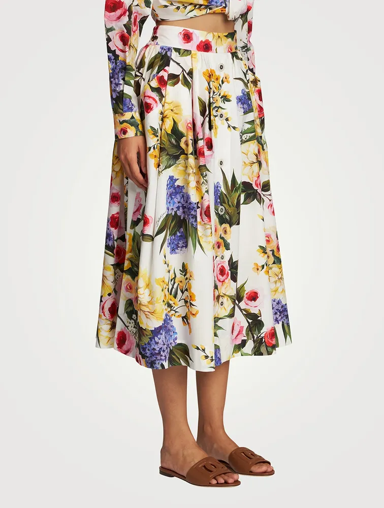 Cotton Midi Skirt In Floral Print